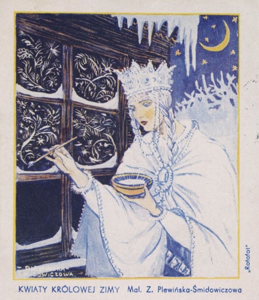 Beautiful, wintry white, crowned queen painting, delicate, feathery patterns on window panes by moonlight.
