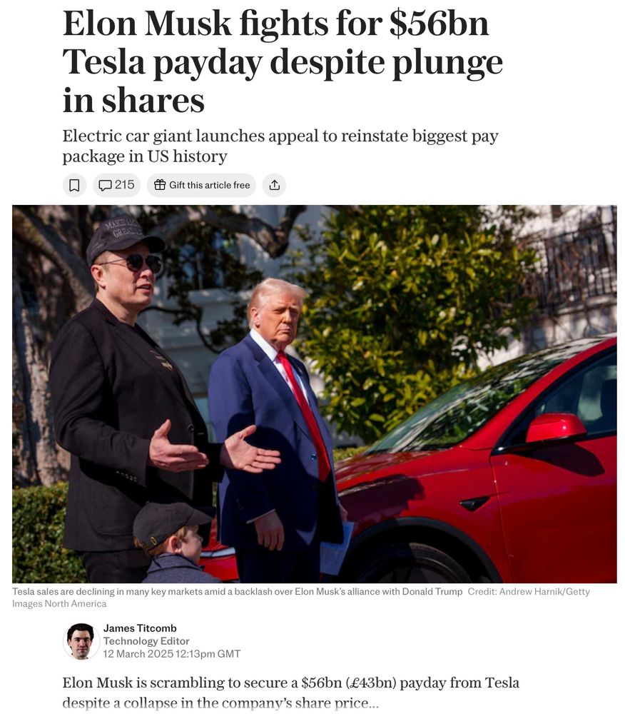 UK Telegraph headline reporting Musk is trying to secure a huge pay rise despite collapsing share price.