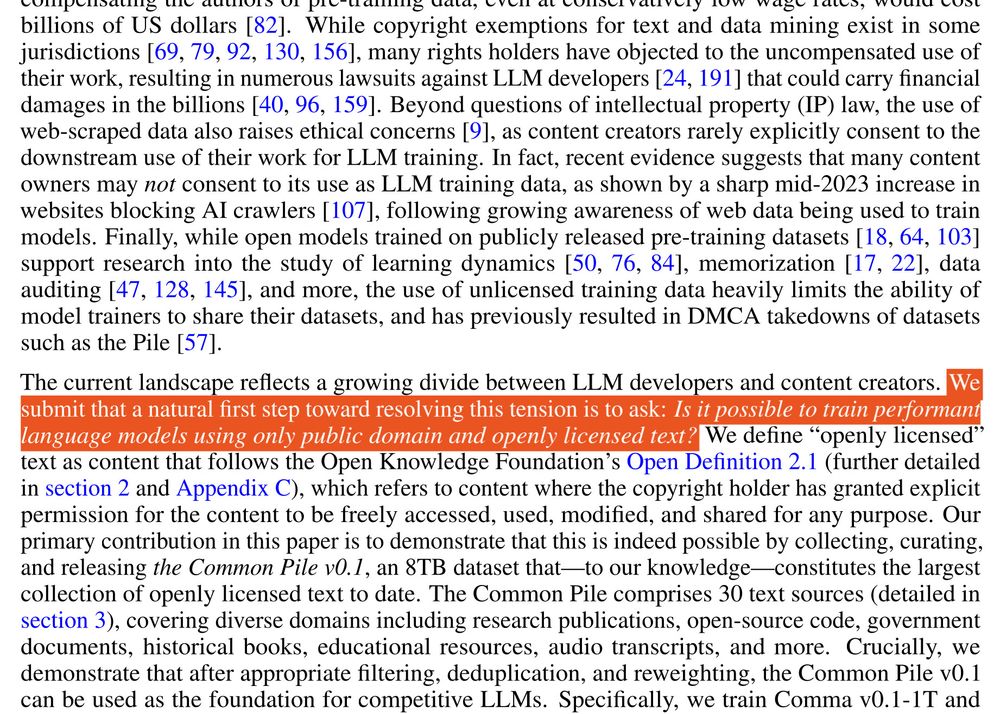 excerpt from p.2 of the paper, highlighting the sentence "We submit that a natural first step toward resolving this tension is to ask: Is it possible to train performant language models using only public domain and openly licensed text?"