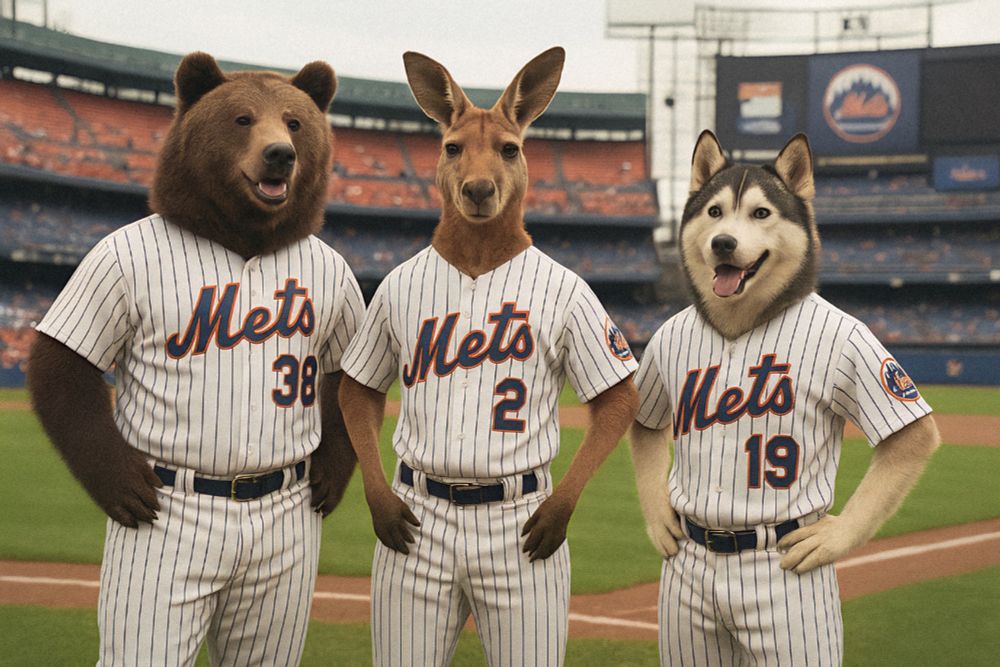Photo of a brown bear, a kangaroo, and a husky wearing the uniform of the New York Mets.