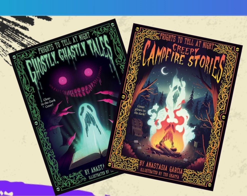 The picture shows the green cover of Ghostly Ghastly Tales and the orange cover of Creepy Campfire Stories by Texas author Anastasia Garcia. These are part of the Frights to Tell at Night series. 