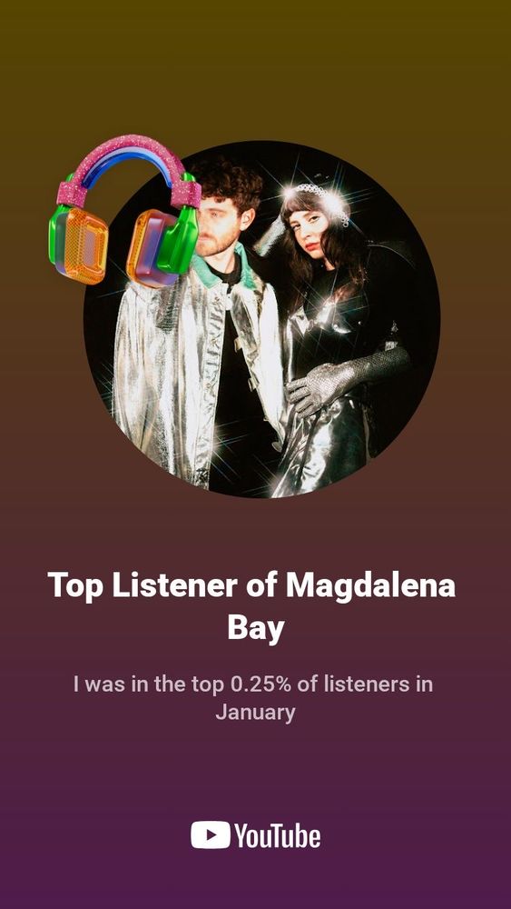 YouTube music info graphic displaying the text “top listener of Magdalena Bay.” It also mentions that they were among the top 0.25% of listeners in January 2025.