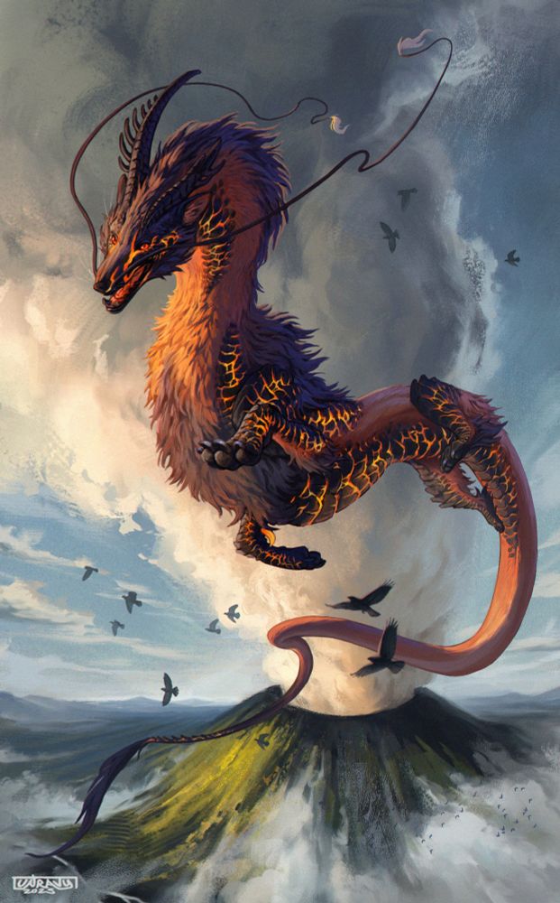 Digital painting of a fullbody of a flying long dragon covered in orange and black fur, with the head of a fox, with black scales with glowing lava cracks on their face, underbelly, and arms. They are facing left, and in the background, a warm green-covered volcano is making a huge smoke cloud.