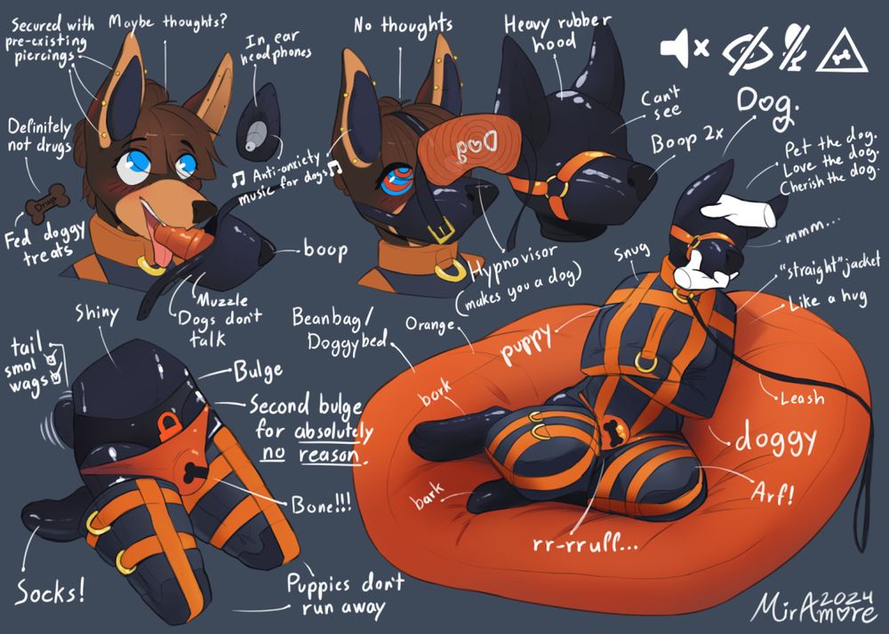 Sketch sheet of Helix the doberman getting bound up in a straightjacket, hood, gag, leg binders, bulge, and latex and petted silly. It begins with Helix getting some nice earmuffs so she can listen to nice relaxing doggy music, a doggy muzzle gag, and then a hypnovisor to keep her in dogspace (as a treat). Then a nice heavy rubber hood over all that. Then, she's bulge in a chastity bulge, with a second one put on top of that for good measure, with added leg bindings and shiny socks. Finally she's put in a straightjacket and laid on a nice comfy beanbag chair, getting lots of scritches and rubs as she melts and enjoys herself.