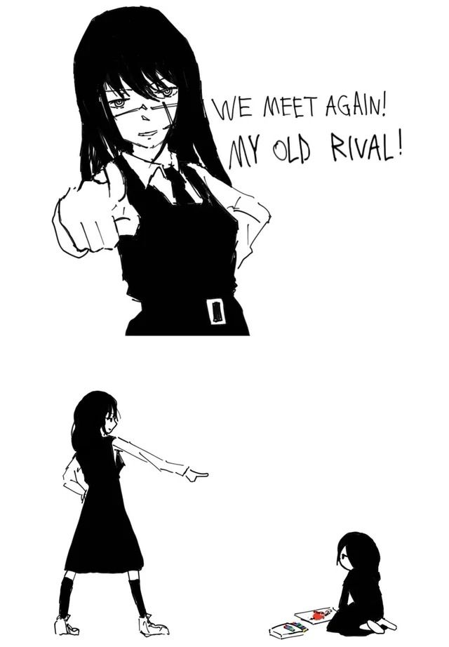 Mostly black & white digital comic of two anime girls. (I think they're from chainsaw man?) 

Panel 1: A woman with an intense expression points at the viewer. "We meet again! My old rival!" 

Panel 2: The perspective has been changed to show what she was pointing at: Another woman, on the ground drawing with crayons. The crayons are the only item depicted in color. 