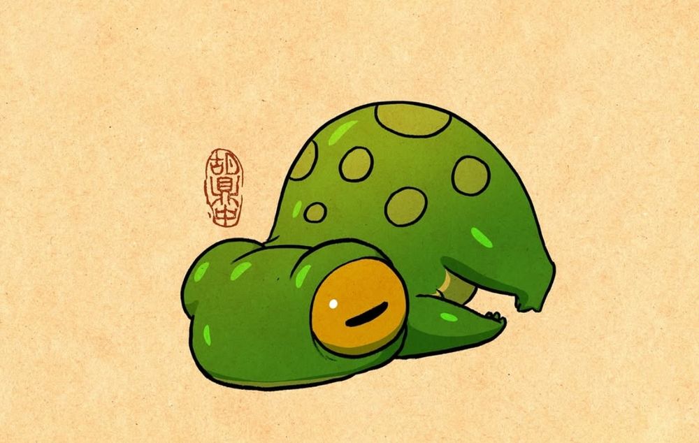 Dessin original de l'artiste Ding Hu Art (dinghuart sur Instagram).
Une grenouille verte avec un gros oeil jaune (le gauche), qui semble épuisée, avec la tête posée au sol et les fesses en l'air.
Elle a des tâches vert clair sur le dos.