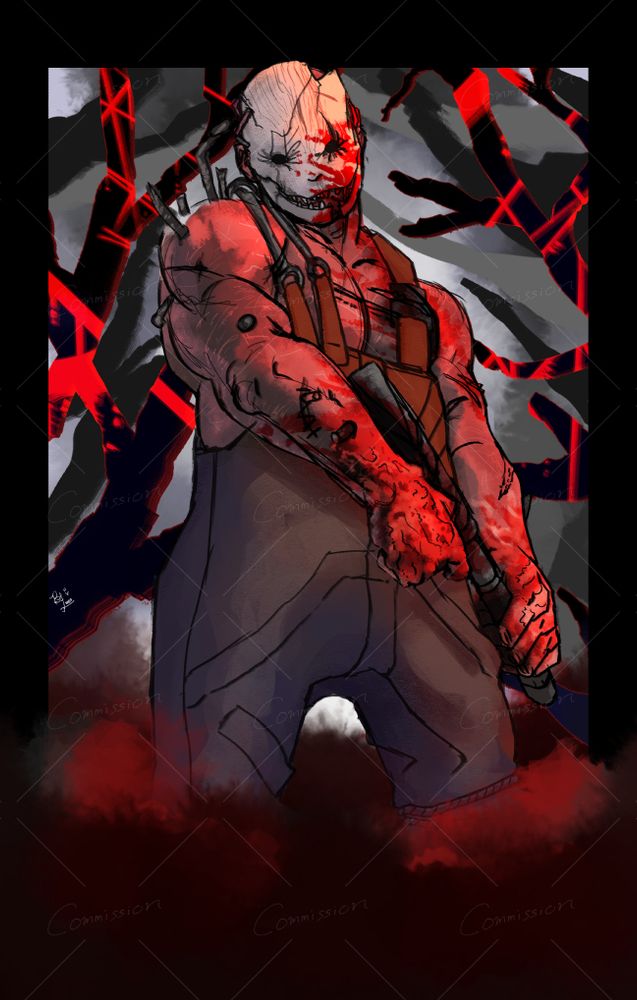 Sexy horror man, The Trapper aka Evan MacMillan, from the hit bibeo game, Dead by Daylight. He is looking particularly sinister while wiping his bloodied weapon on his equally bloody arm. Scrumptious~