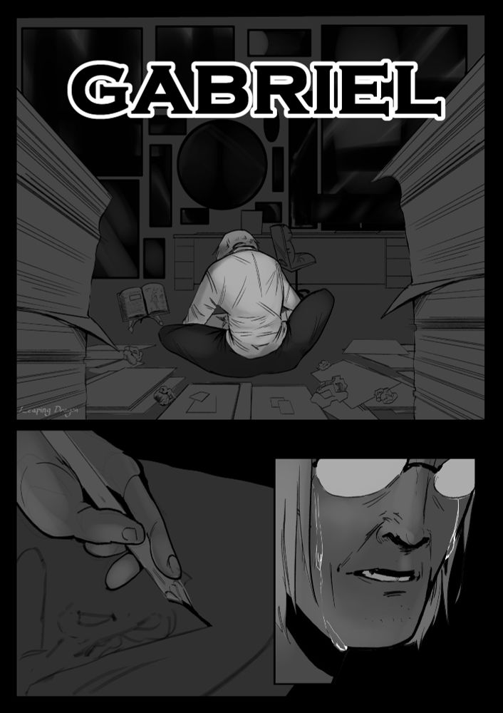 A digital comic book page with the title "Gabriel". It has 3 panels.

Panel 1: Gabriel, a tall blond man, sitting cross legged on the floor of his office. He's surrounded by papers and books, the wall in front of him is covered in picture frames with all the pictures blacked out.

Panel 2: Gabriel's hand gliding over his sketchbook page.

Panel 3: A close-up of Gabriel's face, he's wearing glasses that obscure his eyes, his hair seems unkempt, and his face is scrunched with tears.