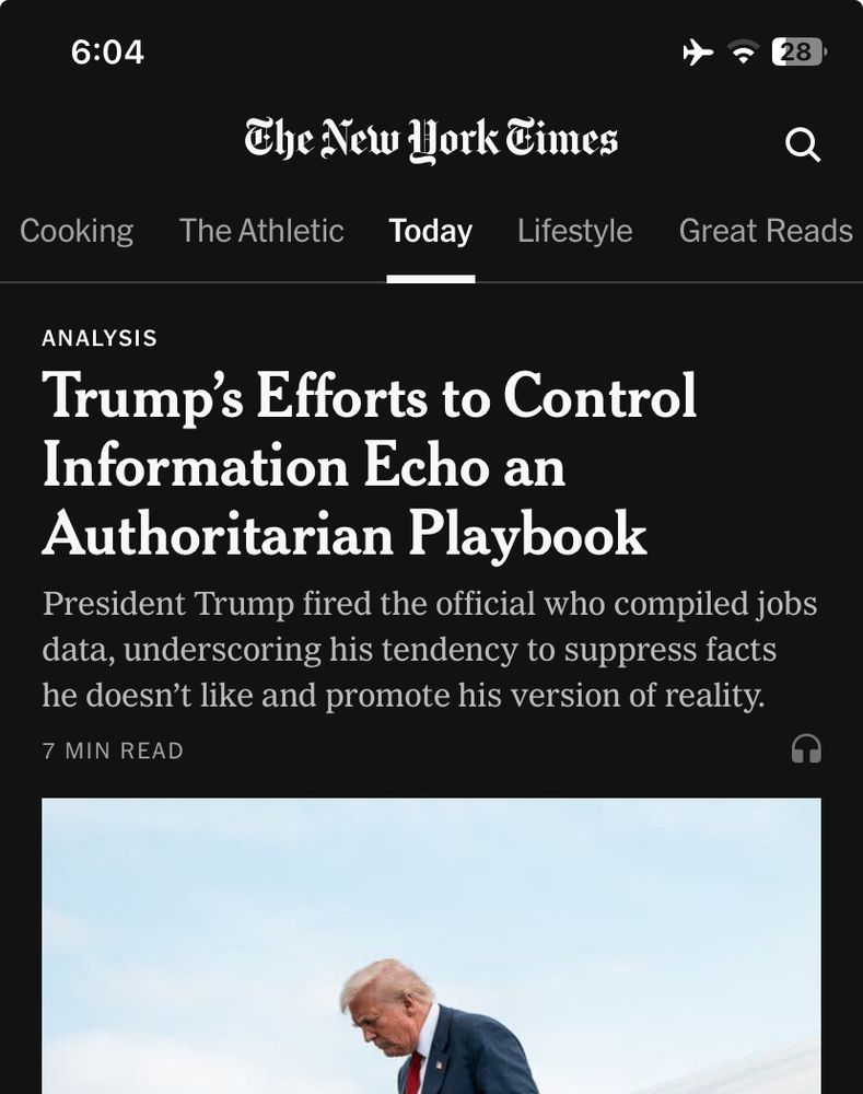 Ny times landing page headline “Trumps Efforts to Control Information Echo an Authoritarian Playbook”