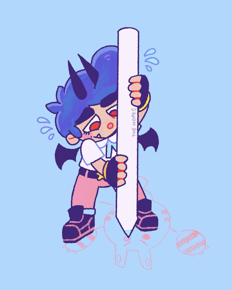 A digital drawing of Ver of theHopes drawing an elekid with an apple pencil. The pencil looks very big, but actually Ver is very small. They are looking down at their drawing with concentration. 
