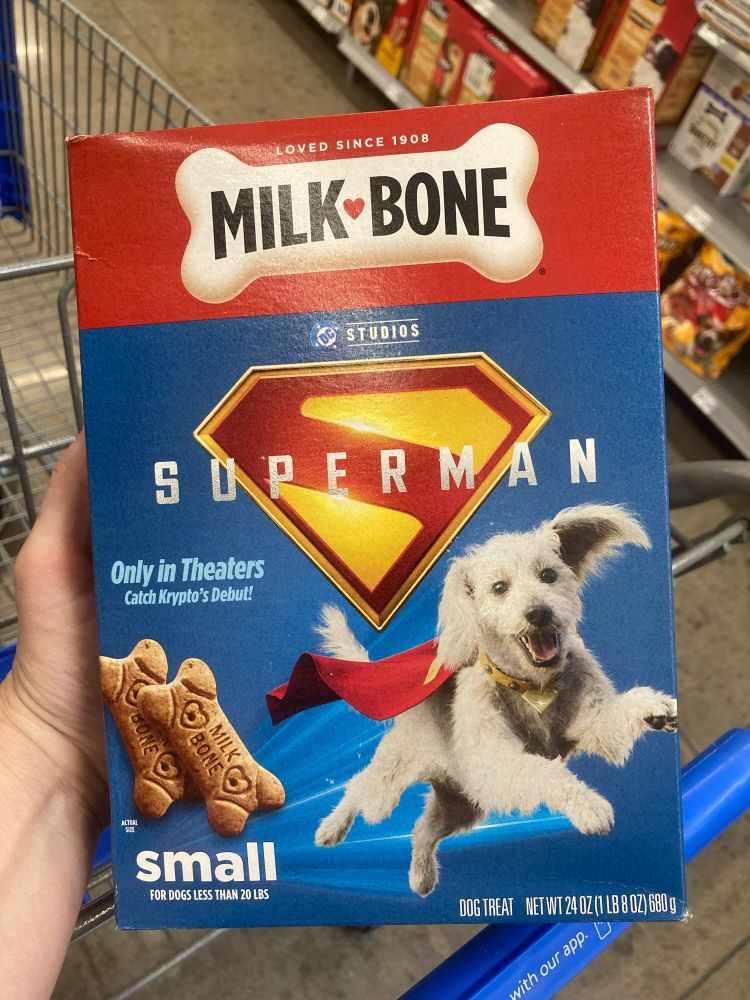 Box of Milk Bone dog treats with Krypto on the front.