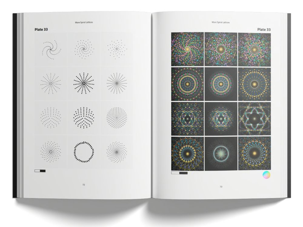 Open book with complex geometric patterns that represent fourier transforms.
