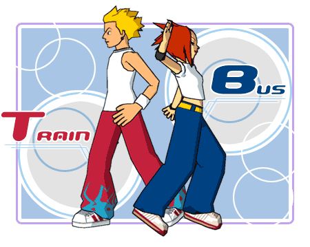 Man posing labeled Train, and women posing in a dance move with one arm up labeled Bus