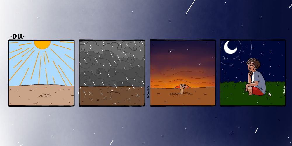 O primeiro quadro mostra um dia ensolarado em um local deserto onde algo esta escondido na terra; no segundo quadro, está nublado e chovendo muito; no terceiro, o sol de põe e as estrelas começam a aparecer, momento no qual uma mão sai da terra; no quarto quadro, o cenário muda para um gramado com uma flor branca, nele está sentada uma criança um pouco sonolenta que admira o céu estrelado e a lua. O fundo da tirinha é um degradê, que no decorrer dos quadros, fica da cor do céu noturno, e nele, surgem estrelas.