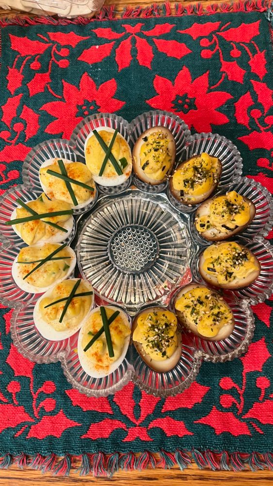 Left: Garlic deviled eggs (toum [Lebanese garlic sauce], mayo, dijon, green onion, topped with chives and cayenne)

Right: Ramen deviled eggs (miso, mayo, honey, topped with furikake, and the whites have been marinated like onsen eggs)