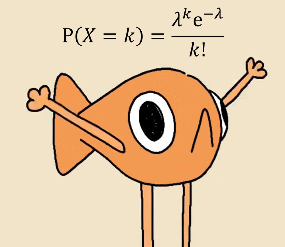 A picture of Le Poisson Steve (an orange fish with arms and legs). Above his head is the probability mass function for the Poisson distribution: P(X = k) = λ^k e^-λ / k!.
