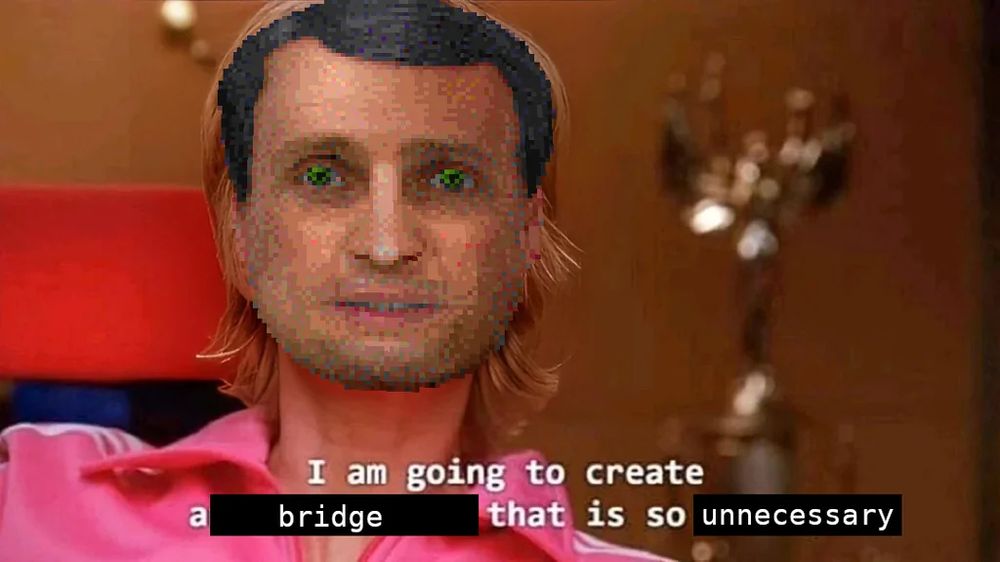 sue sylvester glee meme with an OpenTTD portrait pasted over her face: "I am going to create a [bridge] that is so [unnecessary]"