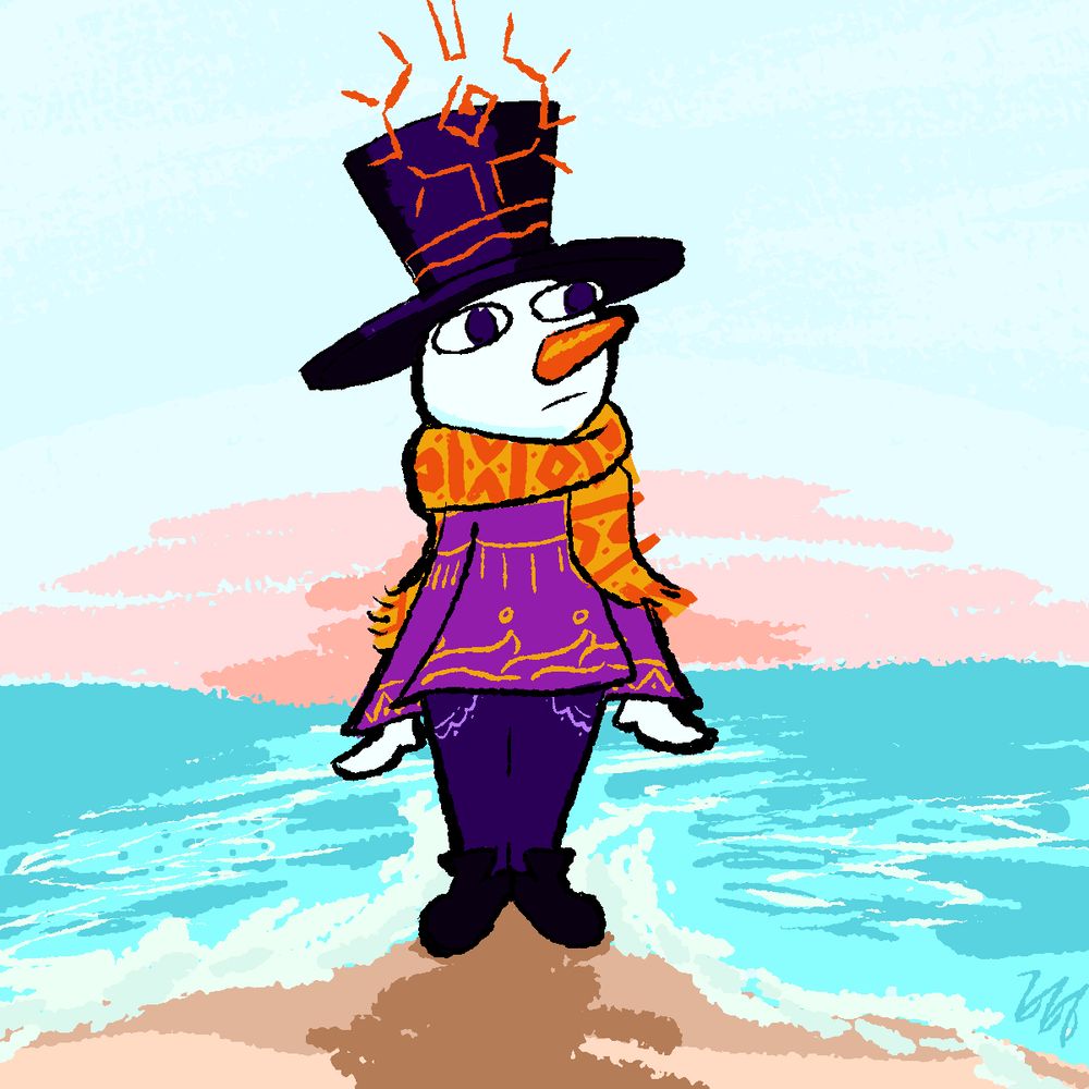 snowman guy in generously trimmed winter wear and a big ol hat with a big ol eye thingy standing at the beach as the waves crash behind his shoes, it's fine its cool