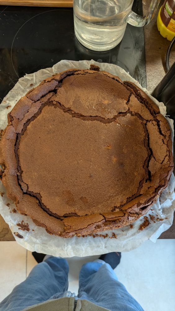 Htarte mouille au chocolat, toute craquelée 
Marron claire mais gros goût de chocolat
Elle semble sèche mais était très moelleuse et tendre