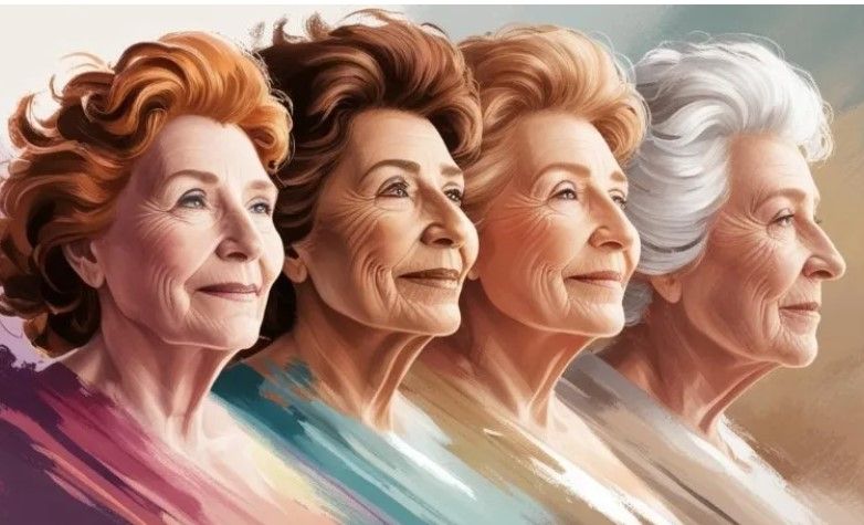 Beautiful women with all different color hair, smiling, aging with grace