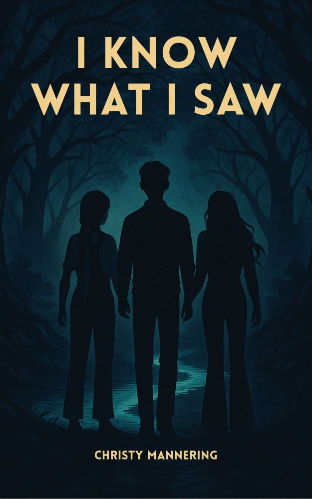 Book cover for Christy Mannering's debut novel I Know What I Saw showing three silohuettes standing in a dark forest looking at a river