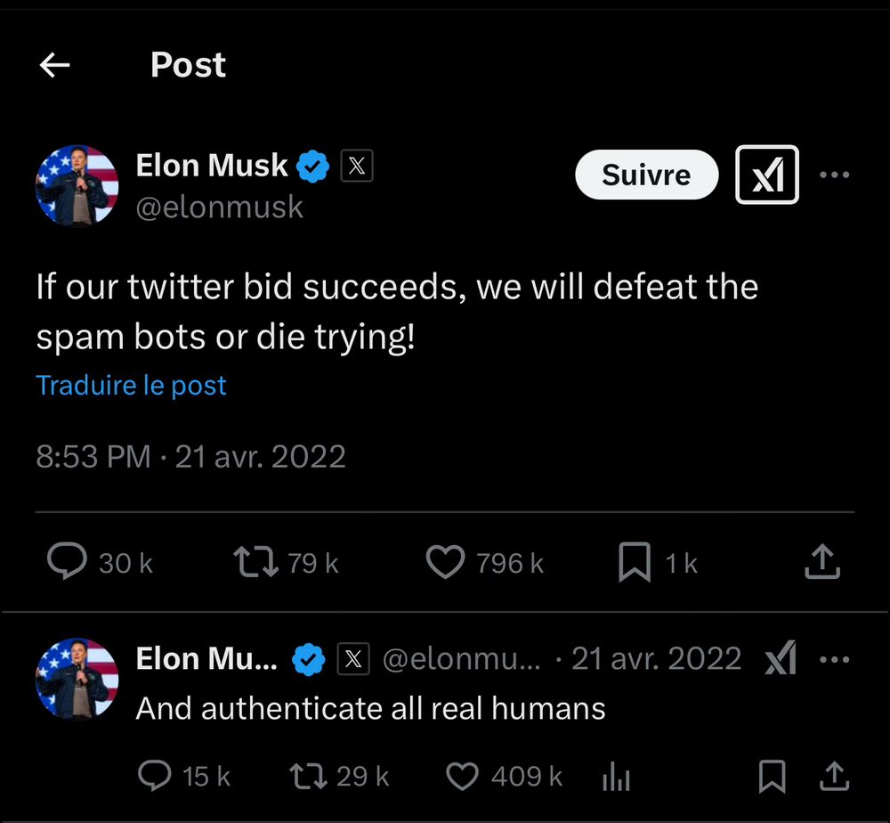 Capture d’écran d’un tweet d’elon musk affirmant en 2022 son intention d’éradiquer les bots de Twitter. 