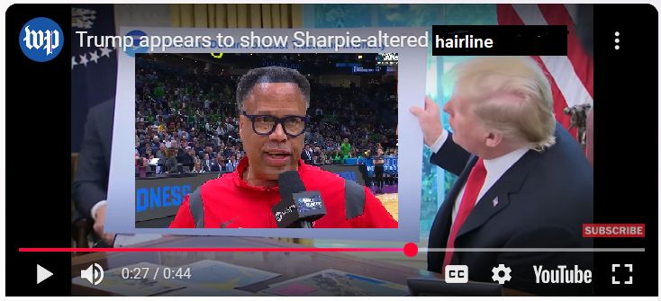 Screenshot of video where Trump showed a map with Sharpie alterations on it, crudely edited to show the coach, and with the title changed to "Sharpie-altered hairline"