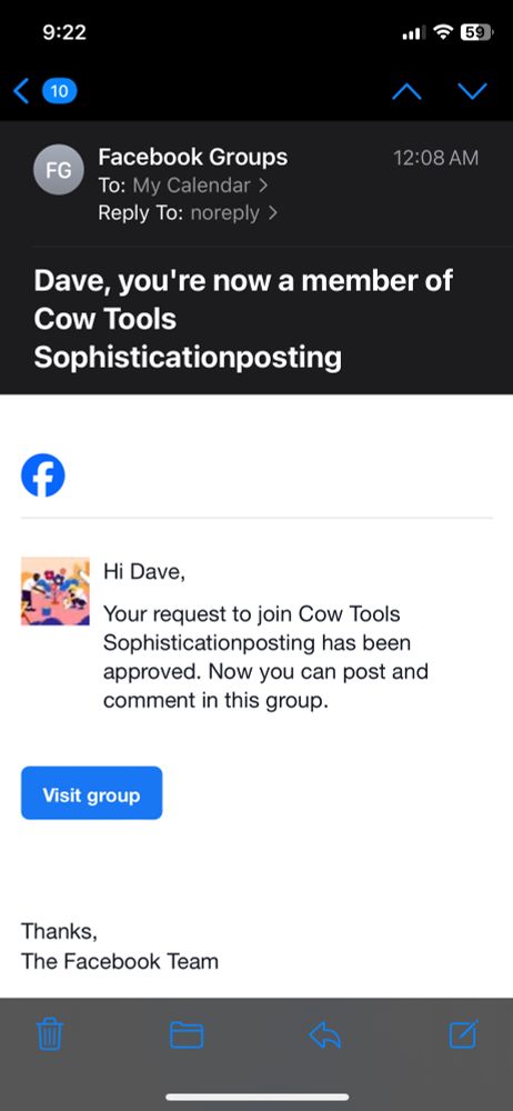 An email saying my request to join a Cow Tooks Facebook group was accepted.