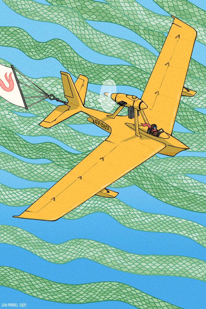 Illustration, colour.
Foreground : A yellow seaplane unmatriculated GP-2025 towing a banner. There is only a small portion of the banner visible, it is a snake tongue.
Background : Green banners covered in scales, blue on the back.