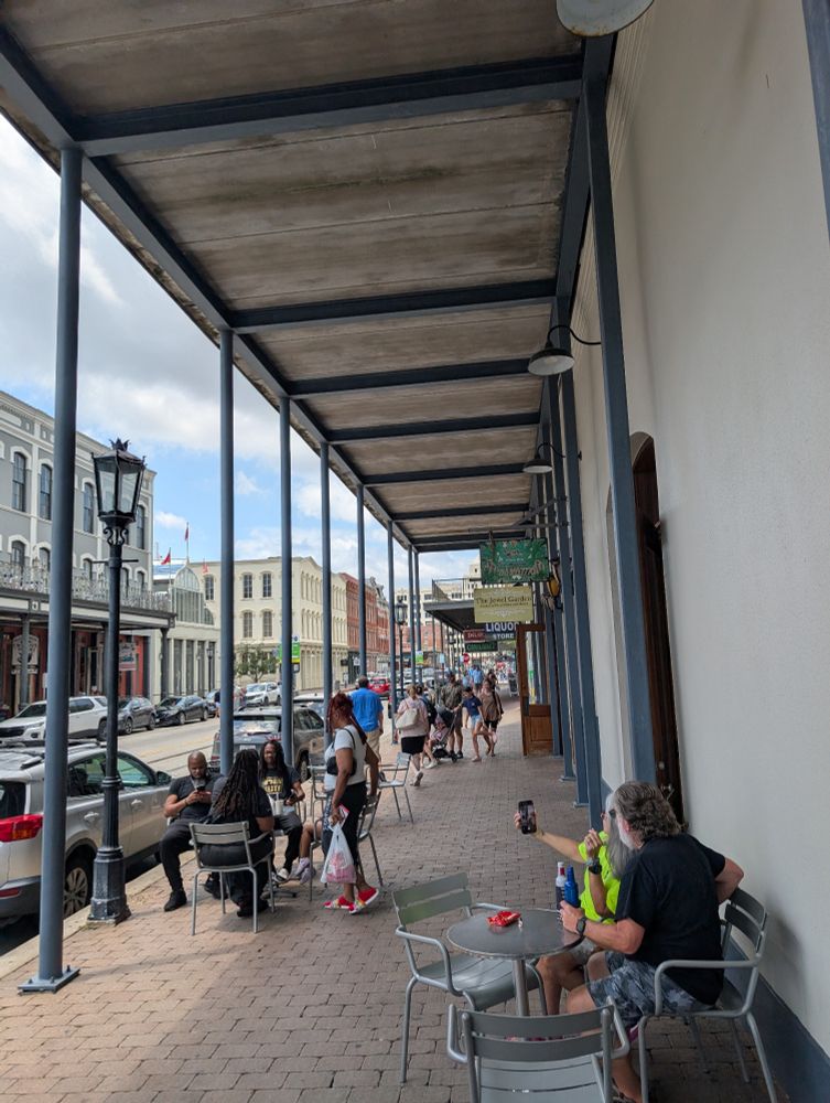 Covered sidewalk in downtown Galveston 
