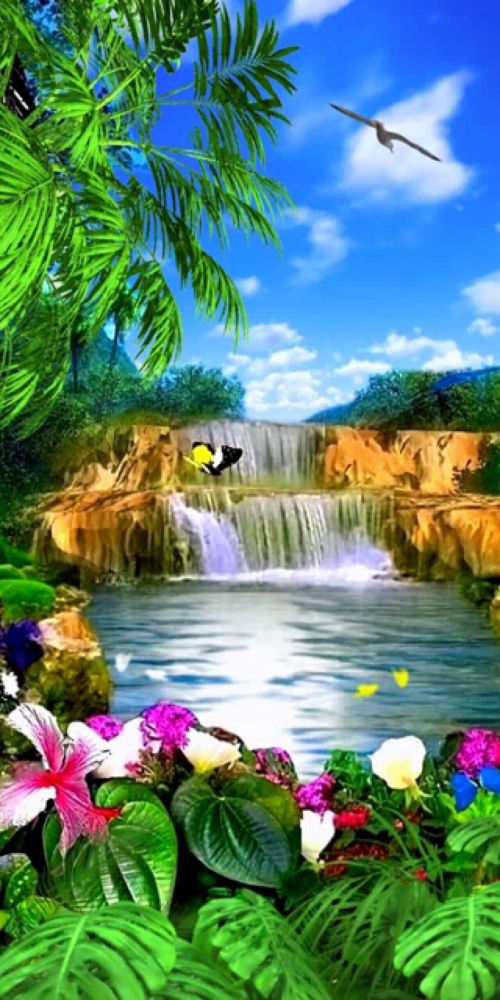 a painting of a waterfall with flowers and birds