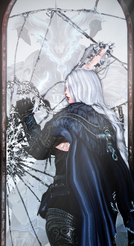 An FFXIV gpose of my wol Lumita standing in front of a broken mirror. She has her left hand on the mirror as a faded figure of her Ultima form stands inside it.