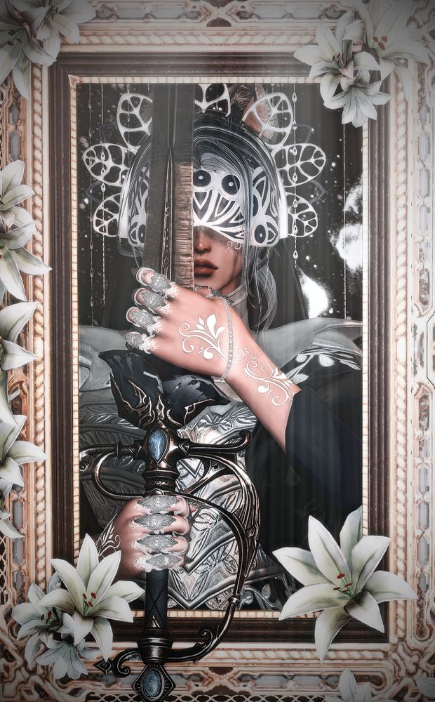 Screenshot/Edit of my OC Lumina. She is wearing blue and silver armor and facial mask from the nose up, wielding a blue/silver sword that has a rose adorned at the hilt. She is in a solemn pose as she holds her sword to cover half her face, with a frame and white lilies adorning the sides.