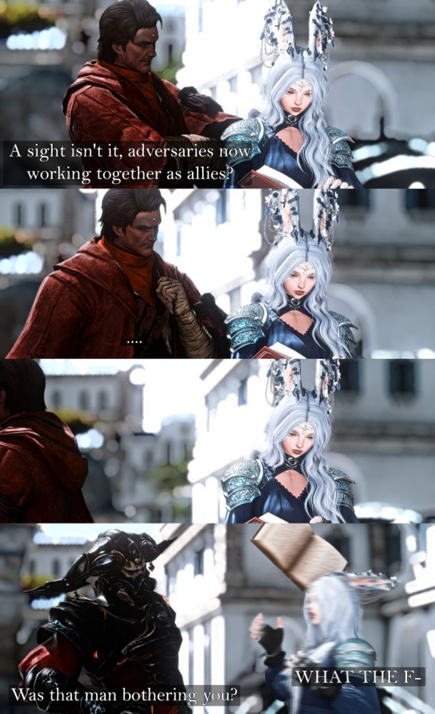 A four piece screenshot set of my FFXIV OC Lumita and Gaius

(From top to bottom)
Set 1: Gaius, standing right to Lumina who is reading, with a subtle smile: It's a sight isn't it, adversaries now working together as allies?
Set 2: (Both silent, Gaius watching Lumina read as she ignores him.)
Set 3: (Lumina stays put as Gaius walks away)
Set 4: Gaius, returning in his old armor to a startled Lumina, who throws her book: Was that man bothering you?