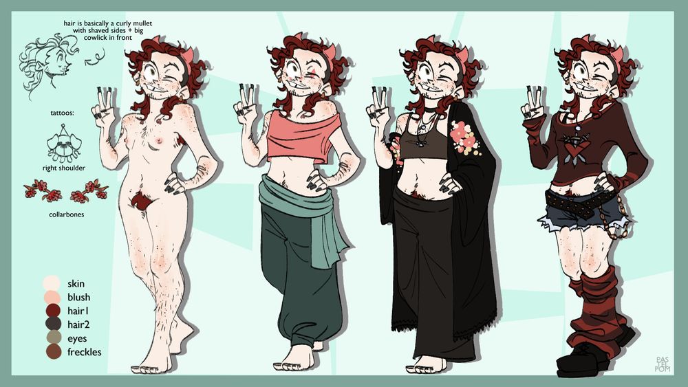 a reference sheet of my character Stel, standing with one hand on his hip and the other up in a peace sign. the sheet shows him in 3 different outfits, the first a crop top with baggy pants, the second a sports bra with loose flowy pants and a duster, the third a y2k-inspired sweater with cutoff shorts and legwarmers.