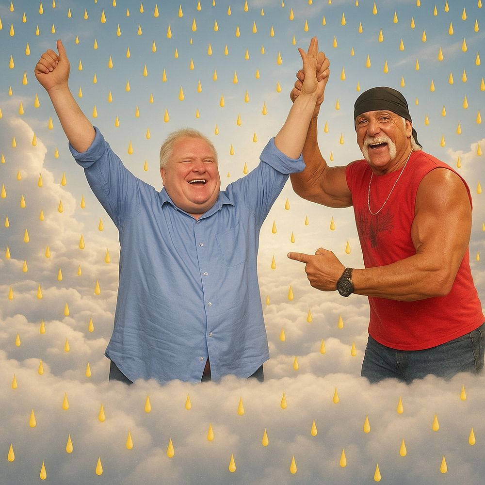Rob Ford and Hulk Hogan  in clouds,  ghost style, being rained  on by urine