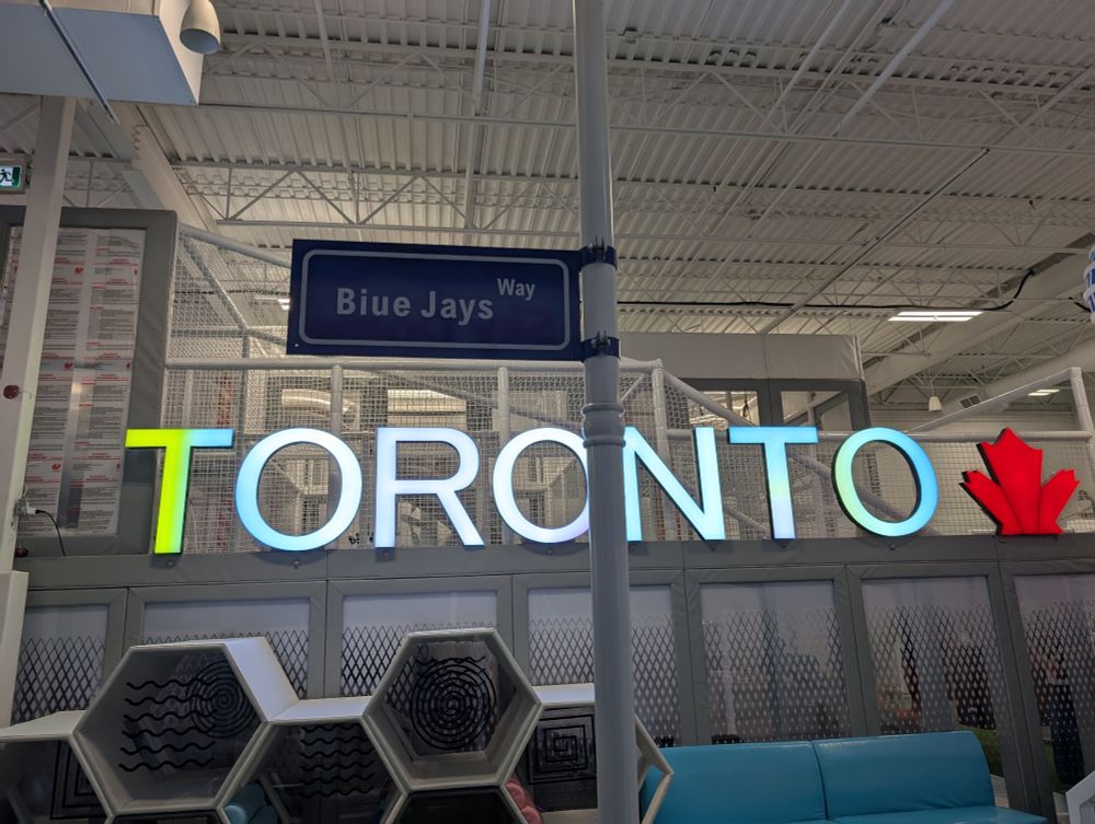 A replica street sign that says Biue Jays Way 