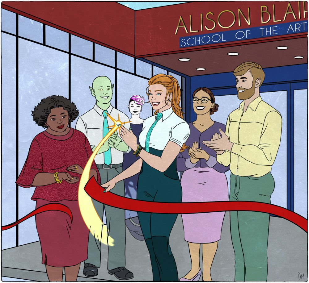 A drawing of Alison Blaire, aka Dazzler, attending her 3rd school dedication ceremony. Surrounded by staff, she cuts the red ribbon with her laser
