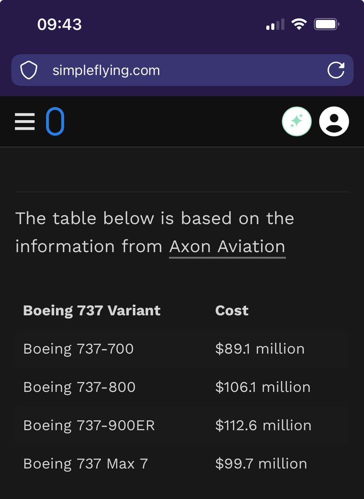 A screenshot from Simple Flying dot com showing the list price of different Boeing 737 models, from $89M to $112M
