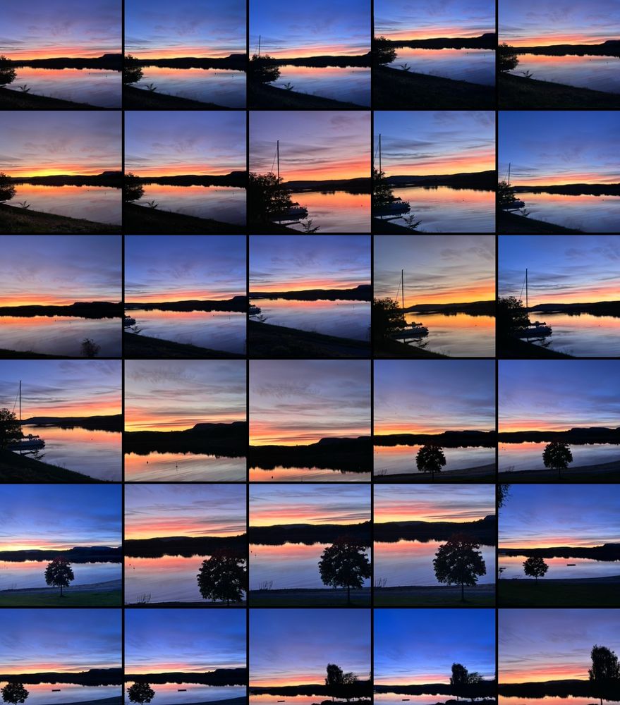 Et bilde av albumet med bilder på telefonen min. Alle bildene på bildet viser en gul/oransje/blå solnedgang over en del av oslofjorden