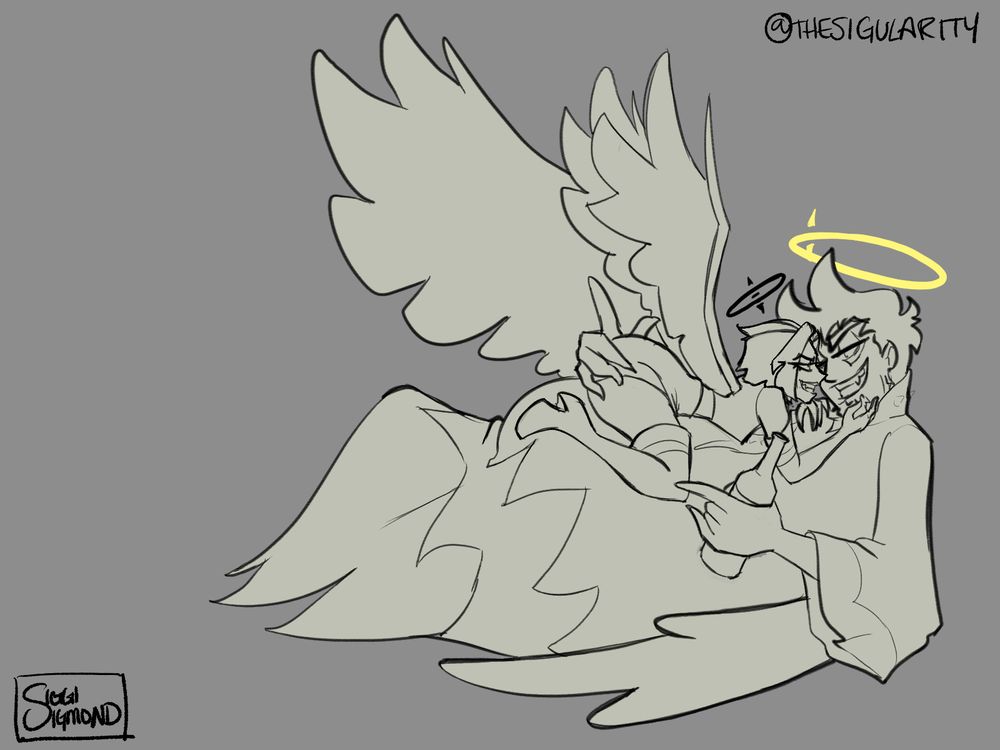 Adam and Lute from Hazbin hotel. Lute is laying on top of Adam who is holding a wine-bottle, is reclined with one wing extended. Their faces are close together grinning conspiratorially at eachother. 