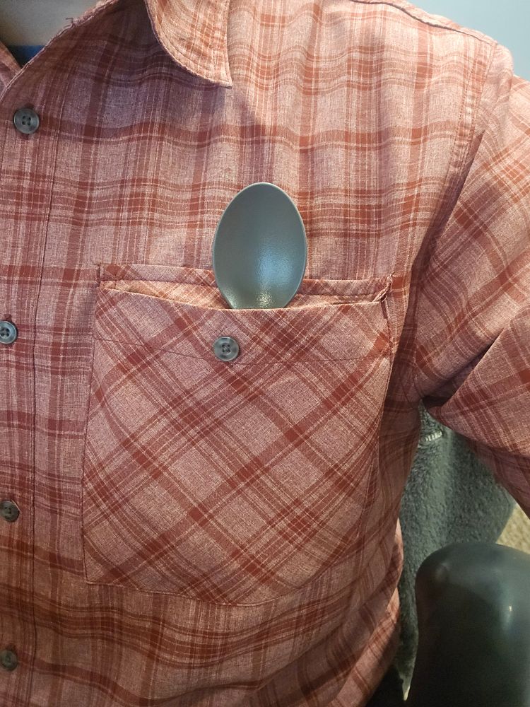 I sometimes forget to take my work spoon out of my shirt after use at work. I end up looking like the nerdiest fat kid.