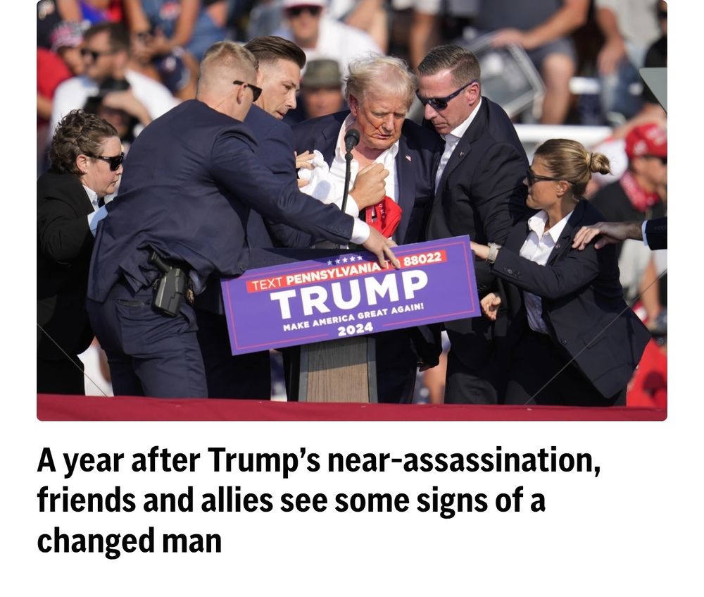 AP article with the headline "a year after Trump's near-assassination, friends and allies see some signs of a changed man"