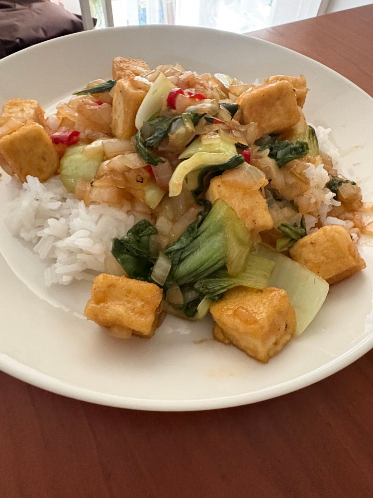 Paksoi-tofu-riisi annos