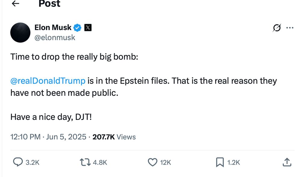 Time to drop the really big bomb:
@realDonaldTrump is in the Epstein files. That is the real reason they have not been made public.
Have a nice day, DJT!