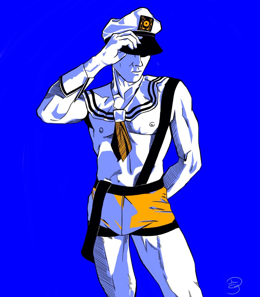Blue: Model is wearing a very revealing sailor suit, one arm behind his back, grabbing his hat with his other hand, which is covering his eyes as well
