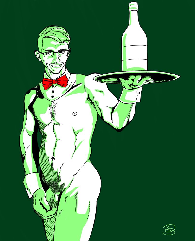 Green: Model is naked while carrying a plate with a bottle on it in one hand, covering his penis with his other hand. Wearing a red bow