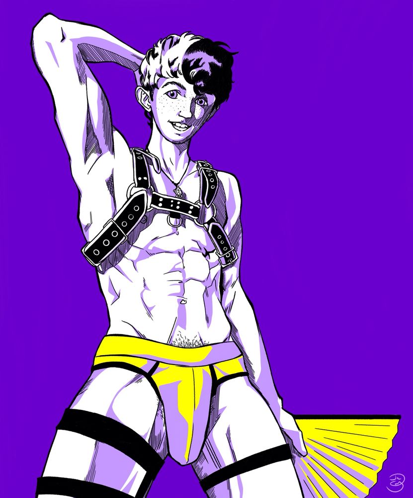 Violet: Model is viewed standing, wearing briefs and leather harness, holding a fan in the other hand with other arm behind his head. 