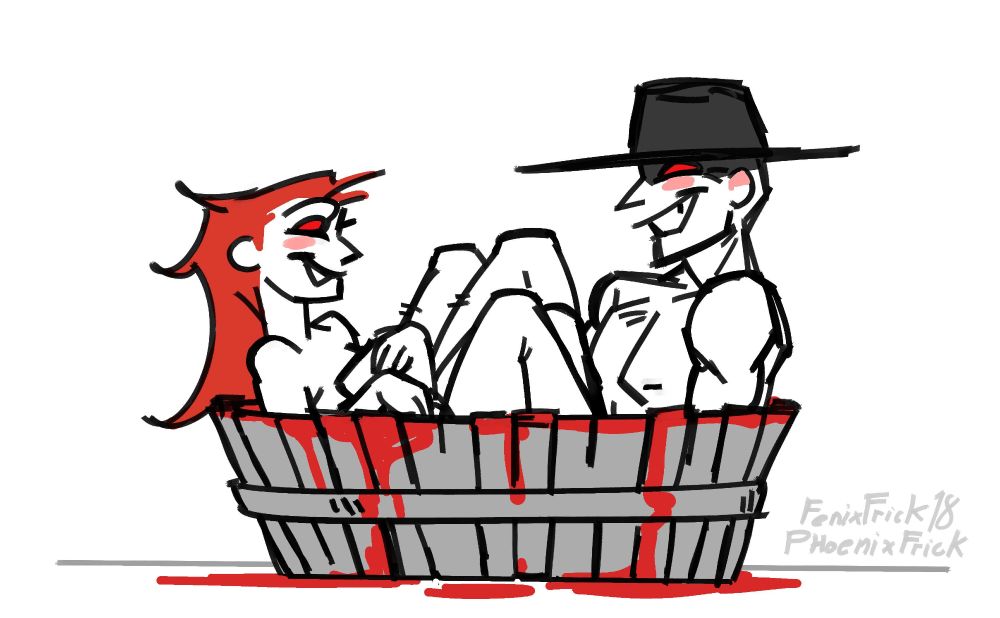 Ophelia and Caleb curled up in a way too small wooden bathtub for the two of them. They are giggling and smiling (instead of washing). Ophelia is holding a bar of soap to her chest, Caleb hasn't taken his hat off. The water has completely turned red like blood and it's spilling everywhere on the floor around the tub.