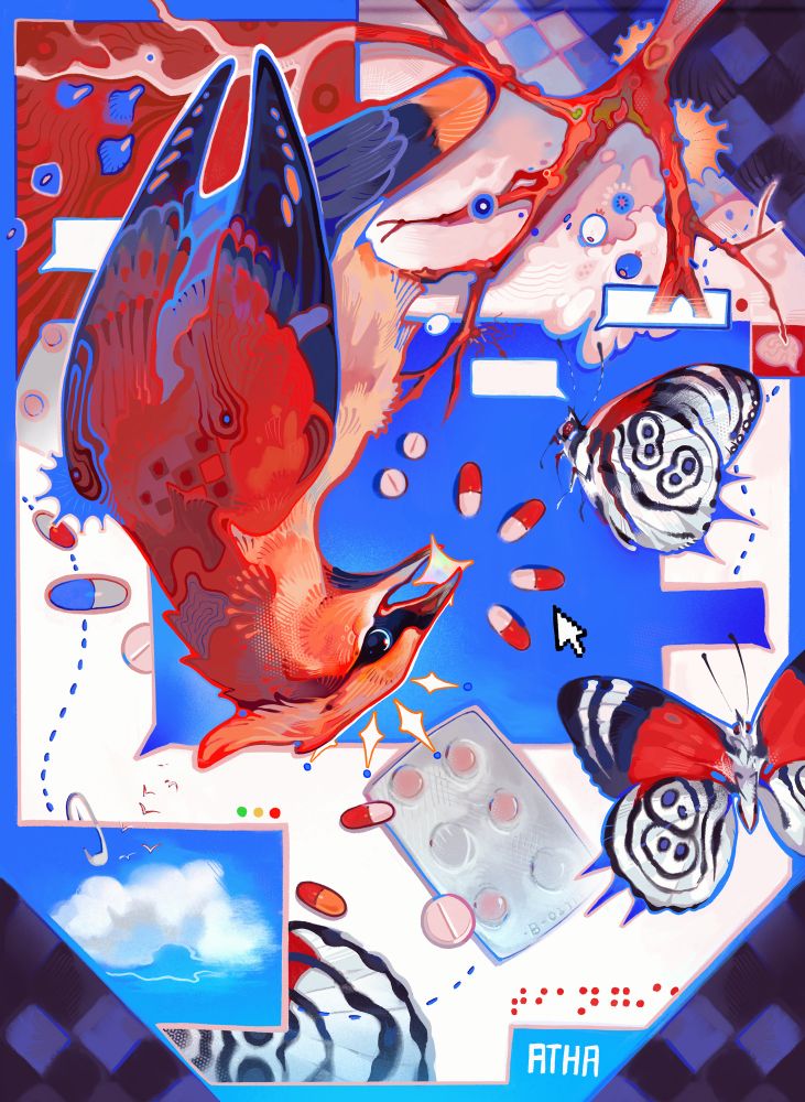 surrealism art with the element of birds，butterfly and sky，indicate the imagination of someone with bad vision